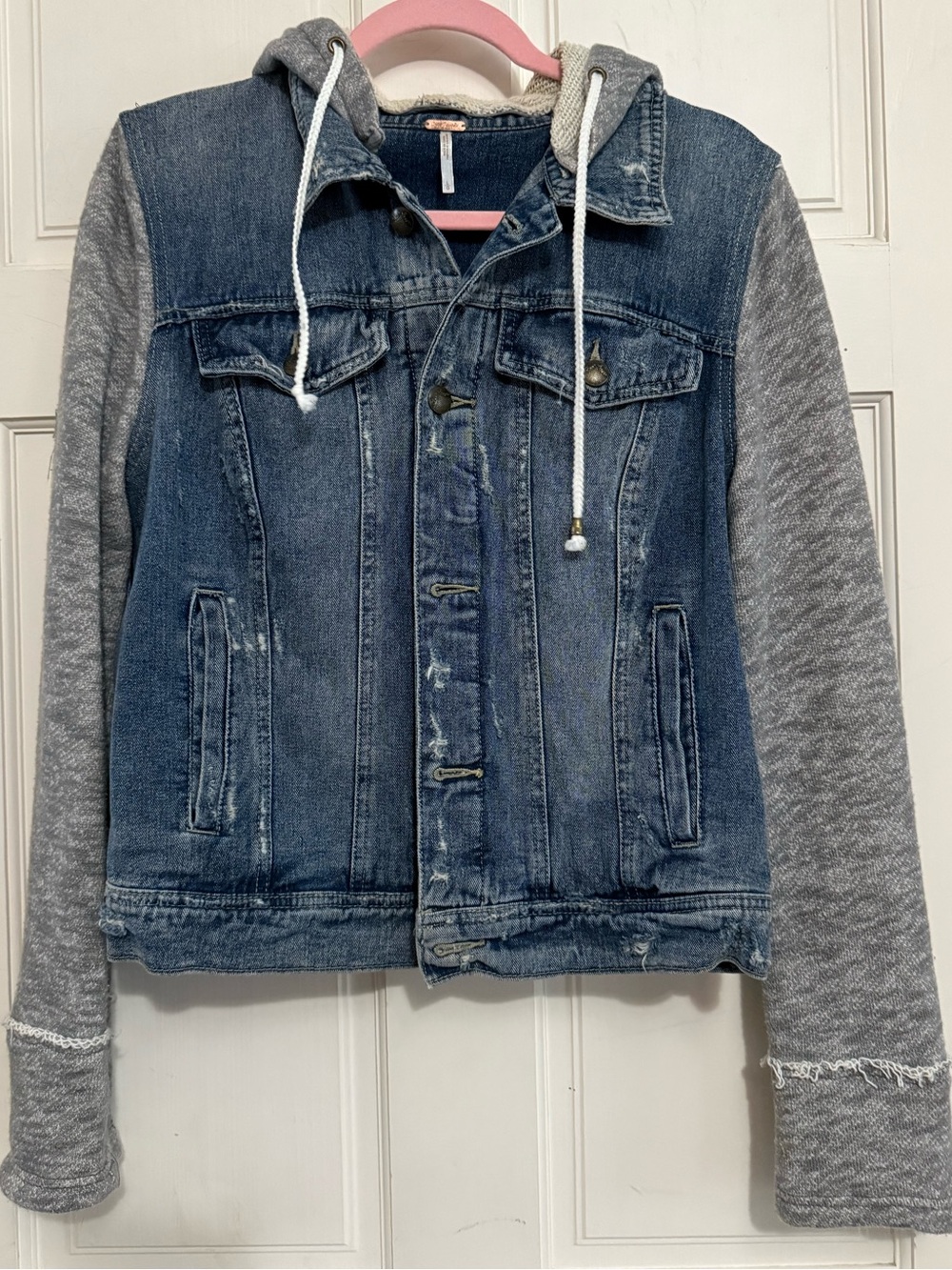 Free People Blue Denim Jacket with Gray Knit Hoodie and Sleeves